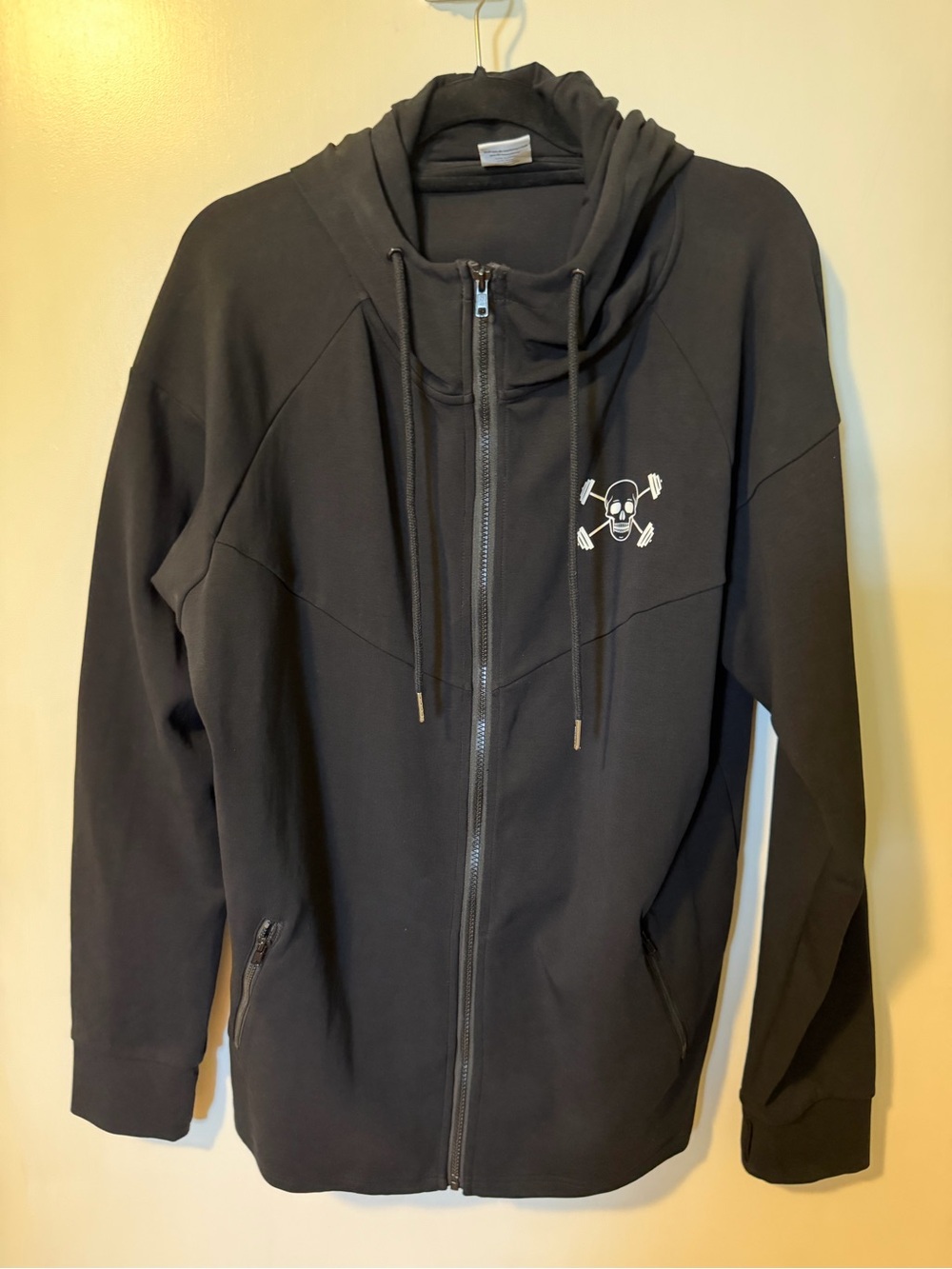 CVG Black Zip-Up Active Jacket with Skulls and Barbells Graphic.
